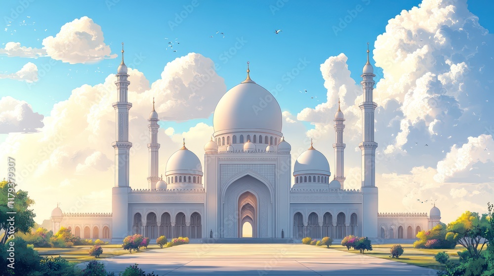 Fototapeta premium Majestic Grandeur: A Serene Digital Painting of a Mosque Under a Sunny Sky