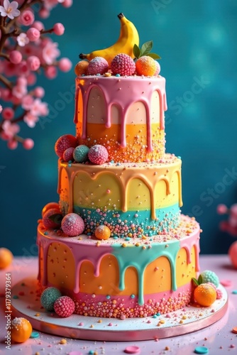 Wallpaper Mural Colorful cake with multiple tiers and various toppings , sweet, multi-tiered Torontodigital.ca