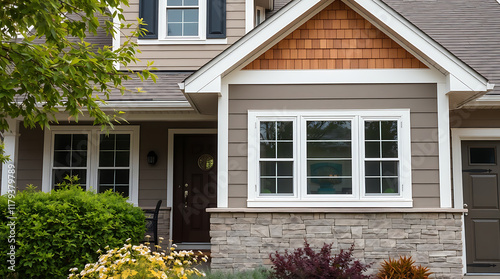 A gray-toned house with taupe siding and a contrasting brown gable.  It features multiple windows, a dark brown door, and stonework accents at the base.  Landscaping is visible in the foreground.