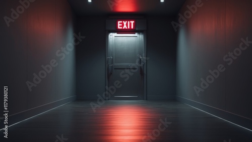 Dimly lit corridor with red exit sign above closed doorway. photo