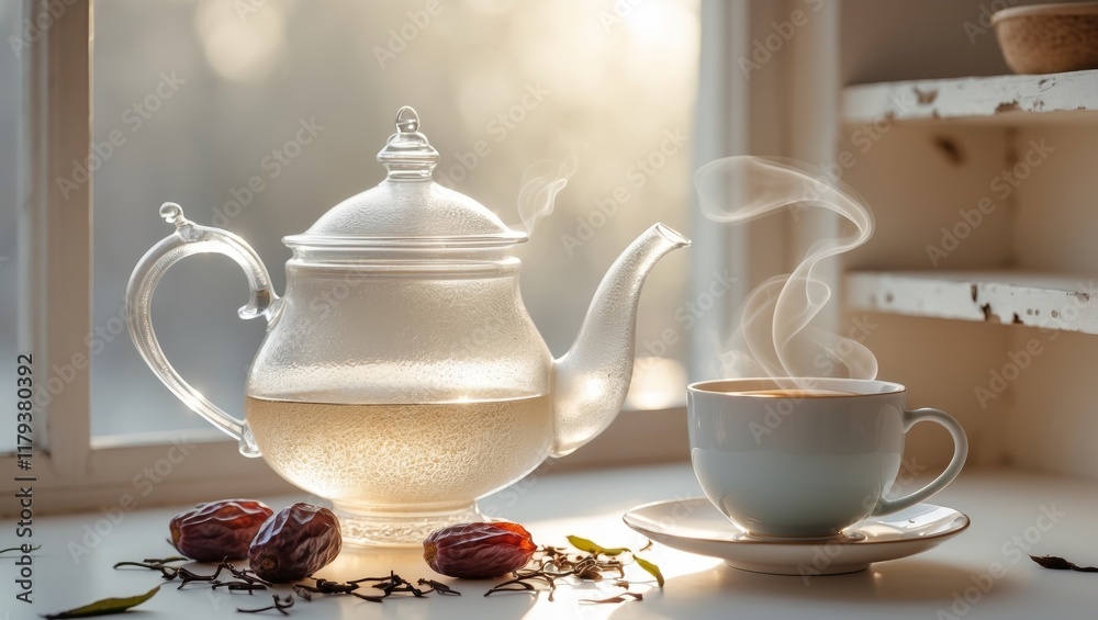 Fototapeta premium Elegant Glass Teapot with Tea and Dates on a Sunlit Window Sill.