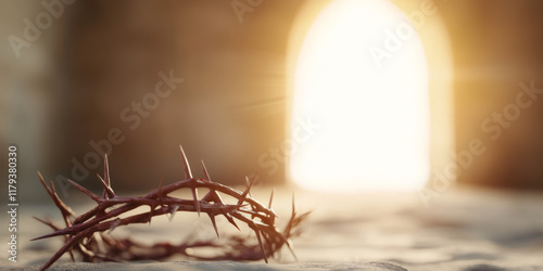 Easter the resurrection of Jesus, faith, salvation, and hope from sacrifice crown light of thorns and the empty tomb. Christian religion redemption in holy spiritual