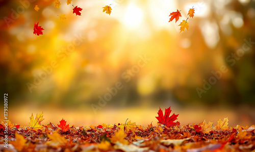 Autumn background with blurred autumn leaves on trees and falling leaves in a park at sunset. Autumn natural landscape with copy space, a fall season background. Generative Ai