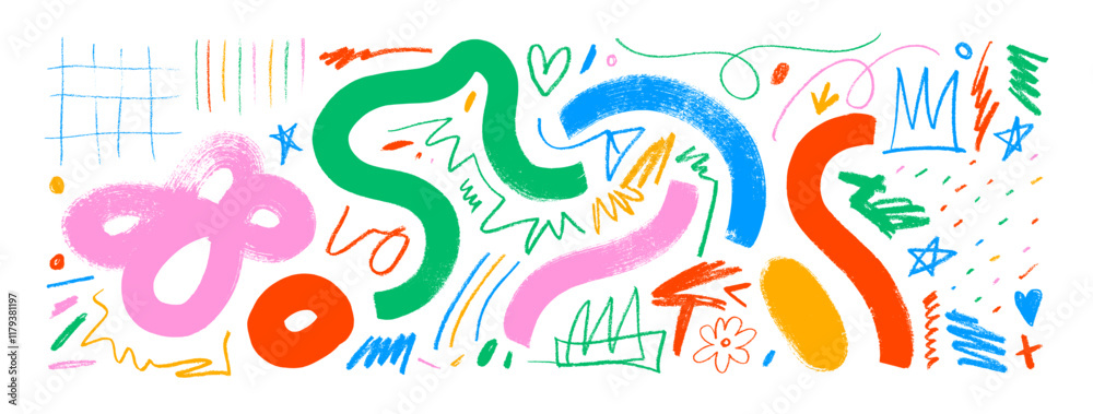 Funky bold squiggles and colorful crayon drawn thin scribbles collection. Grunge doodle shapes, bold wavy lines. Hand drawn random childish doodle elements. Abstract geometric lines, crayon scribbles. Funky bold squiggles and colorful crayon drawn thin scribbles collection. Grunge doodle shapes, bold wavy lines. Hand drawn random childish doodle elements. Abstract geometric lines, crayon scribbles.
