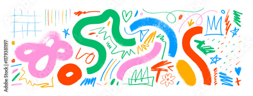 Funky bold squiggles and colorful crayon drawn thin scribbles collection. Grunge doodle shapes, bold wavy lines. Hand drawn random childish doodle elements. Abstract geometric lines, crayon scribbles.