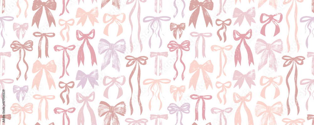 Girly pink bows and ribbons seamless pattern with crayon texture. Hand drawn vector coquette background. Girly pink bows and ribbons seamless pattern with crayon texture. Hand drawn vector coquette background.