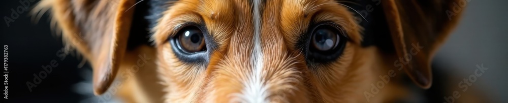Naklejka premium Furry canine face close-up with piercing eyes and floppy ears, coat, face