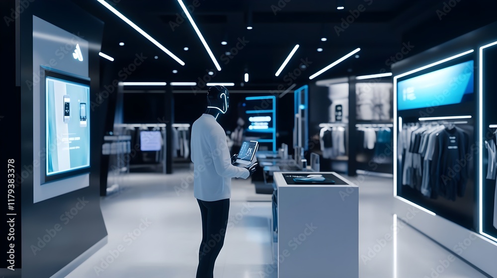 Fototapeta premium A customer interacting with a virtual AI assistant in a sleek retail store