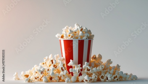 Red Striped Cup Filled With Buttery Popcorn. photo