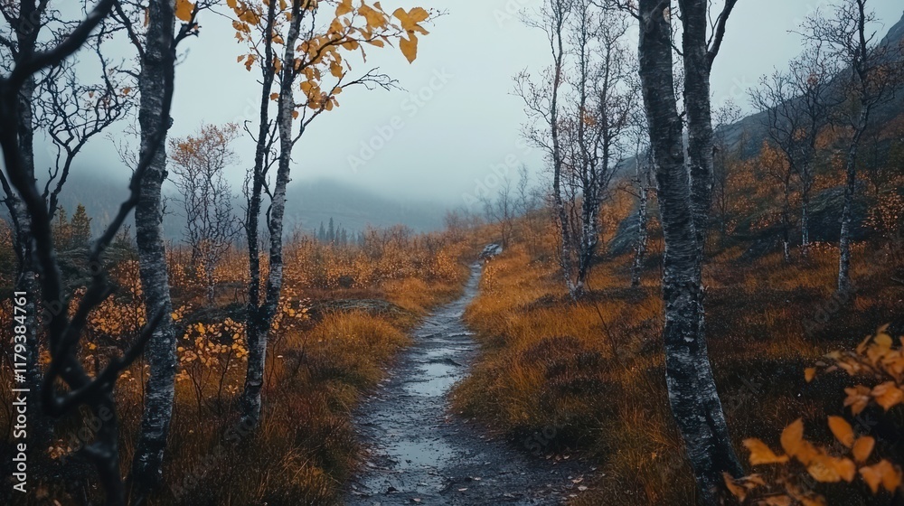 A serene forest path surrounded by autumn foliage and misty mountains. A serene forest path surrounded by autumn foliage and misty mountains.