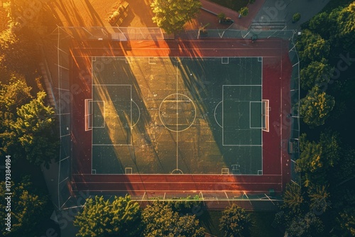 Clear Pixel Visual of Aerial View of Sports Court at Sunset