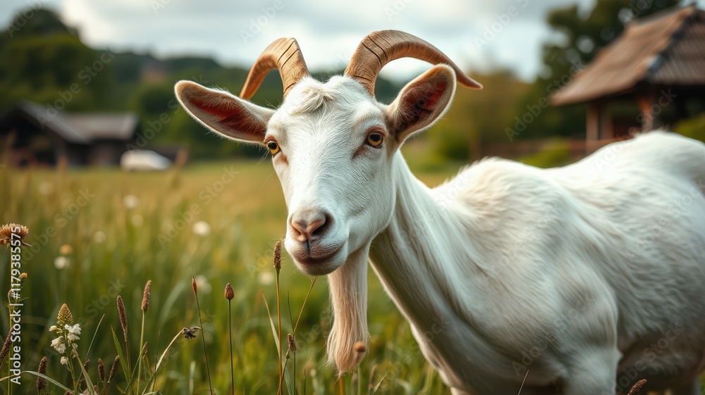 White goat grazes peacefully in green pasture near rustic huts during a sunny day in the countryside White goat grazes peacefully in green pasture near rustic huts during a sunny day in the countryside