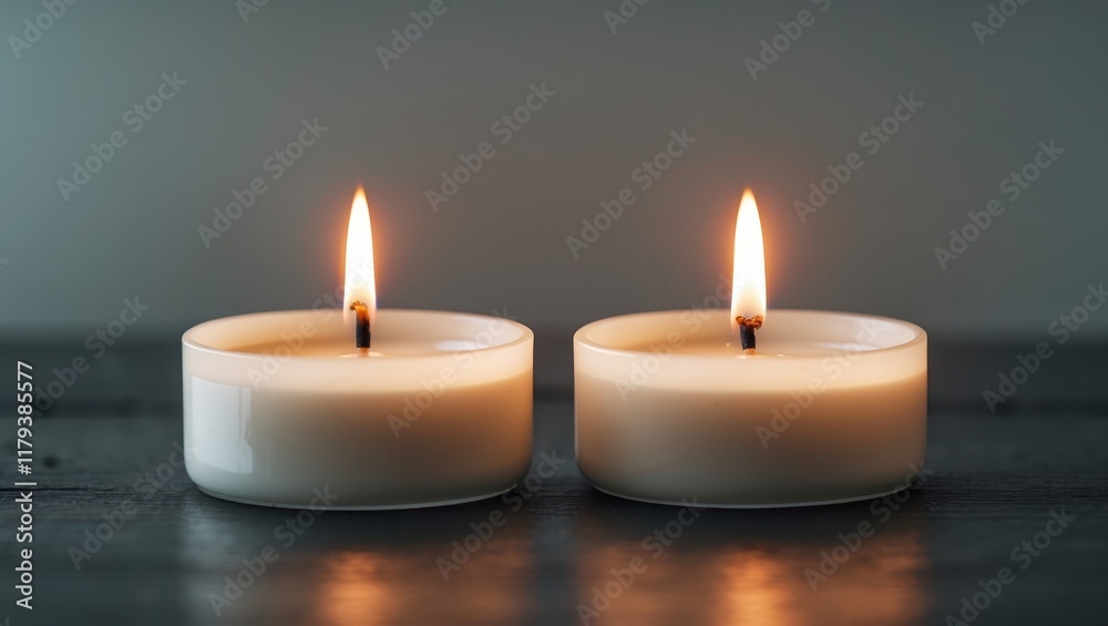 Two candles placed together on a surface. Two candles placed together on a surface.