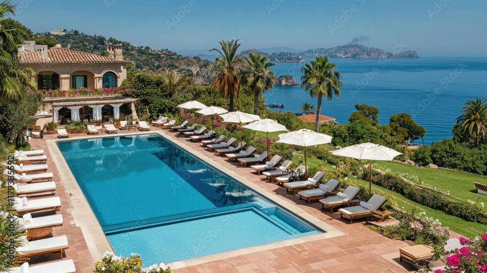 Fototapeta premium Luxury Resort Pool with Ocean View: Mediterranean Paradise