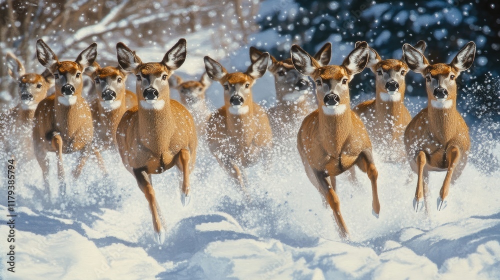 A herd of mule deer bounding through deep snow, their distinctive ears and antlers visible. A herd of mule deer bounding through deep snow, their distinctive ears and antlers visible.