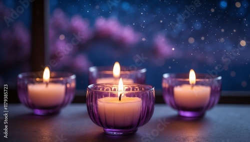 Vibrant Candlelit Serenity with Soft Glows in Purple Glass Holders Creating a Dreamy Atmosphere of Peace and Tranquility in a Beautiful Night Setting. photo