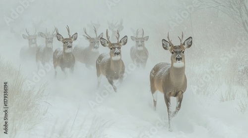 A herd of mule deer bounding through deep snow, their distinctive ears and antlers visible above the powdery surface.