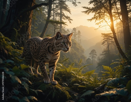 Jaguarundi at sunset in lush forest photo