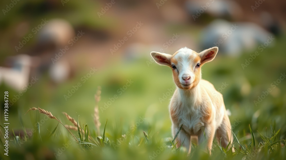 Young goat standing in a green meadow under soft sunlight near rocky outcrops in a rural setting Young goat standing in a green meadow under soft sunlight near rocky outcrops in a rural setting