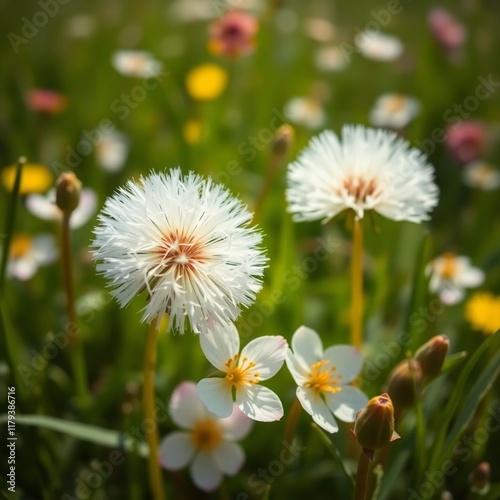 A color sketchnote style image, a close-up sequence of a dandelion and apple blossoms in a field of green grass and early spring flowers, ethereal vibe, soft sculpture aesthetic, pinhole photography 