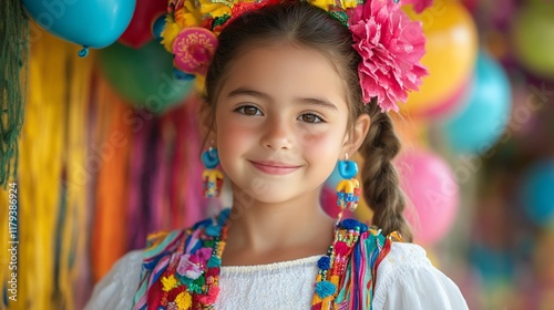 Girl, festive attire, colorful background, smiling photo