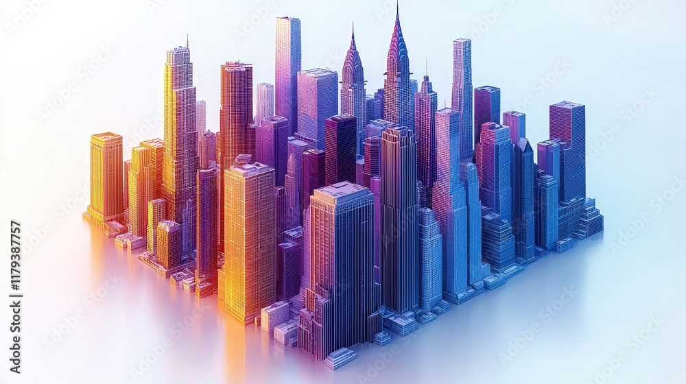Colorful Cityscape Model, Studio Shot, Gradient Background, Urban Planning Visualization. Colorful Cityscape Model, Studio Shot, Gradient Background, Urban Planning Visualization.