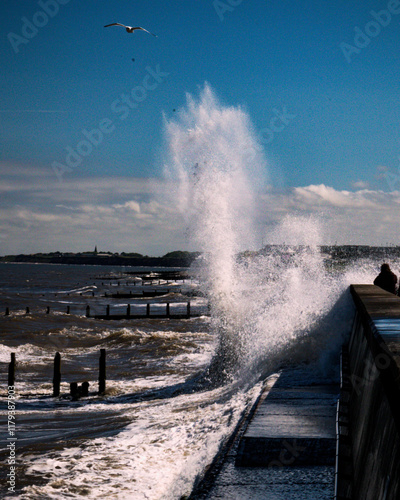 Waves crashing against the north sea coast line at Hornsea