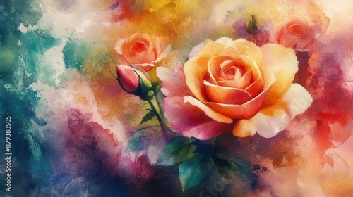 Watercolor colorful painting roses flowers abstract background.