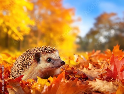 Hedgehog walking through autumn leaves, exploring the colorful foliage in a peaceful, natural setting. photo