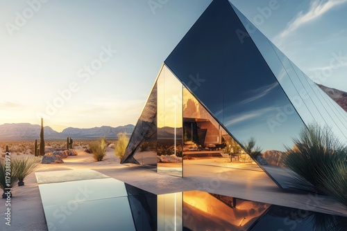 A futuristic triangular house with mirrored surfaces, sharp edges, and a desert landscape photo