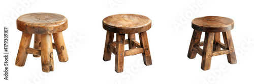 three wooden stools round seat four legs on background, simple rustic minimalist functional