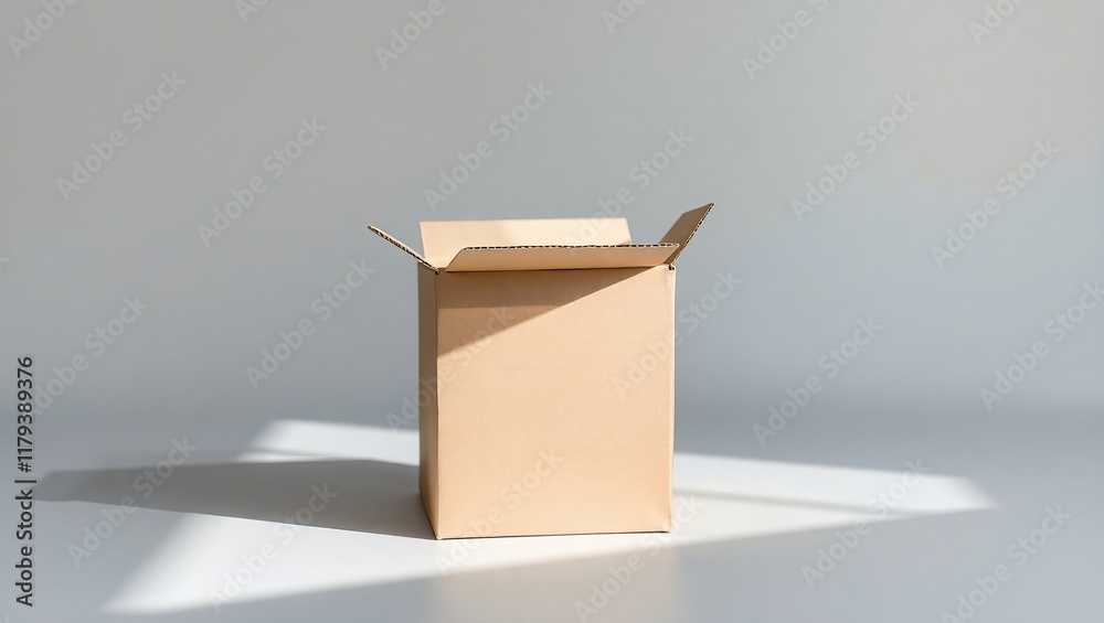 Open Cardboard Box In Sunlight Against White Background Open Cardboard Box In Sunlight Against White Background