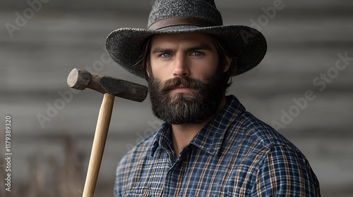 A carpenter in work overalls, holding a hammer and standing firmly on a white background. The sharp focus and high contrast emphasize his woodworking skills and the details of his attire, perfect  photo