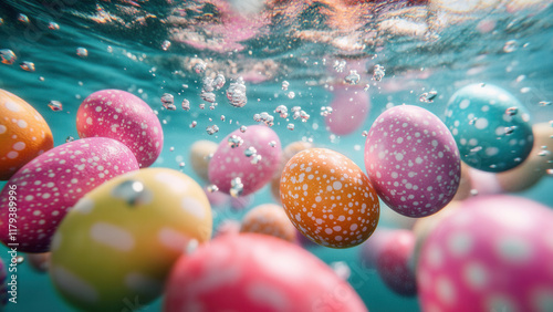 Colorful pink color easter eggs swimming under water, fun food background