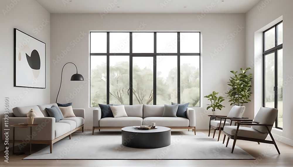 Fototapeta premium Modern Living Room with Large Windows and Cozy Furniture