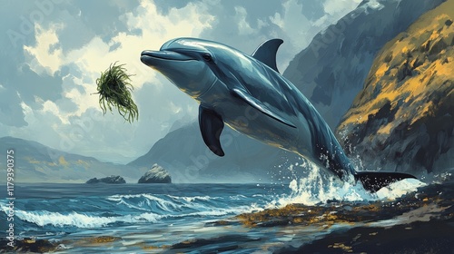 dolphin playfully tosses a piece of seaweed into the air, its joy contagious to those who watch. photo