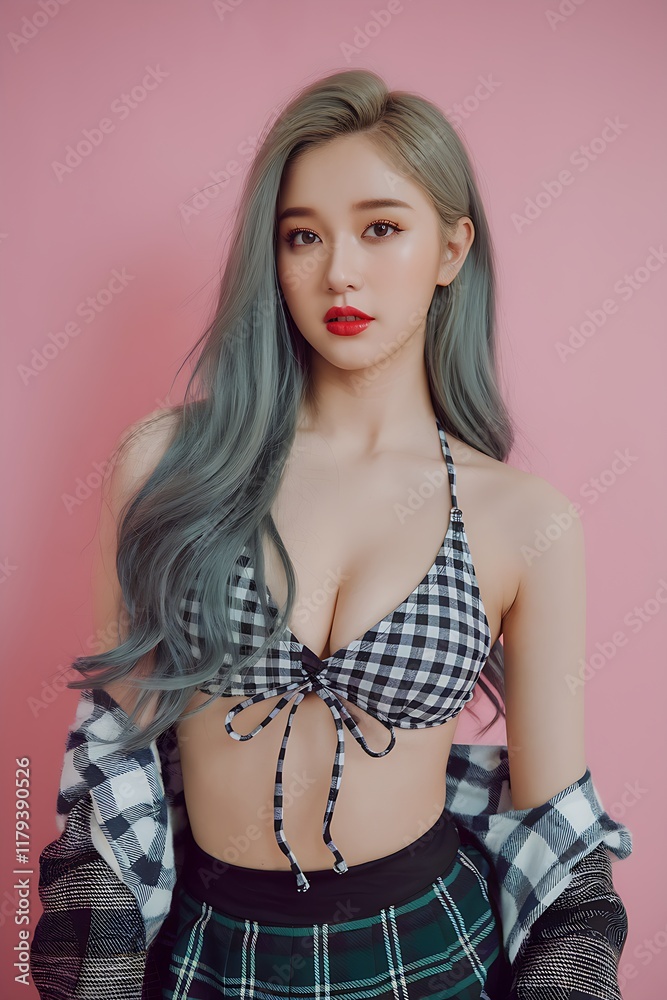 Stylish Asian Woman in Checkered Bikini and Skirt Stylish Asian Woman in Checkered Bikini and Skirt