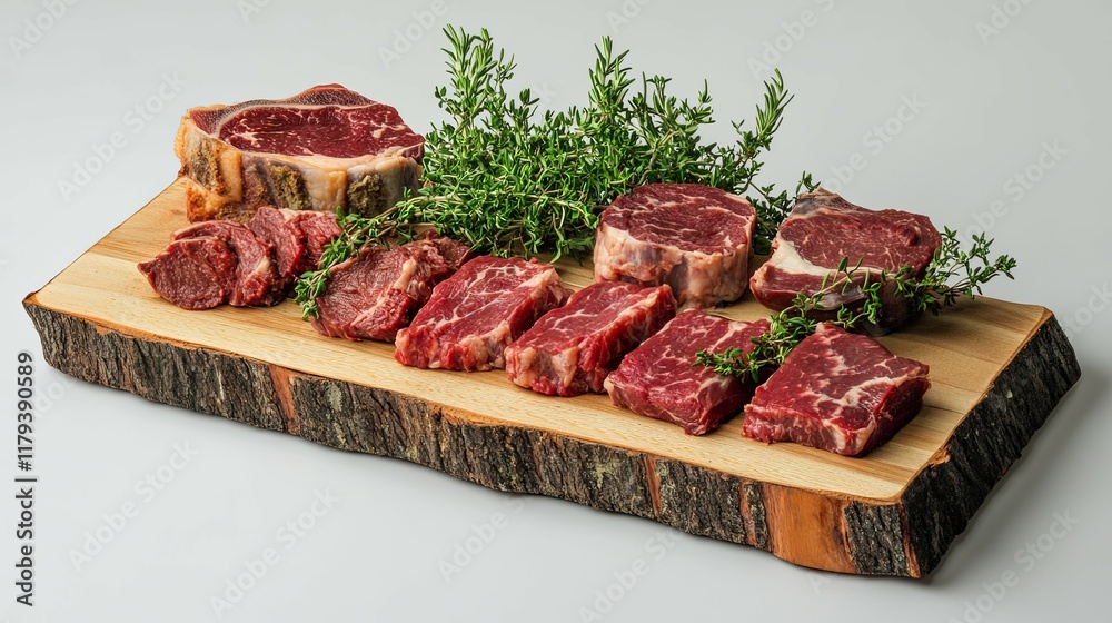 Prime Beef Steaks: Rustic Wood Board, Herb Garnish, Gourmet Cuts