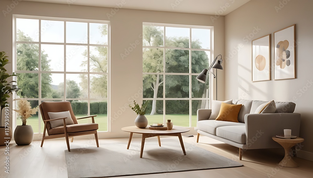 Modern Living Room with Large Windows and Warm Tones Modern Living Room with Large Windows and Warm Tones