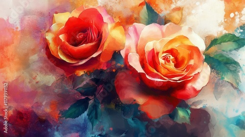 Watercolor colorful painting roses flowers abstract background.