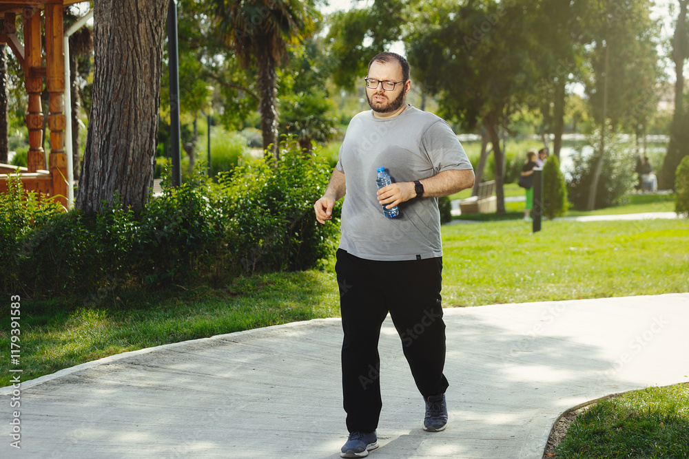 A guy with excess weight obsessed with the idea of getting skinner, running in park