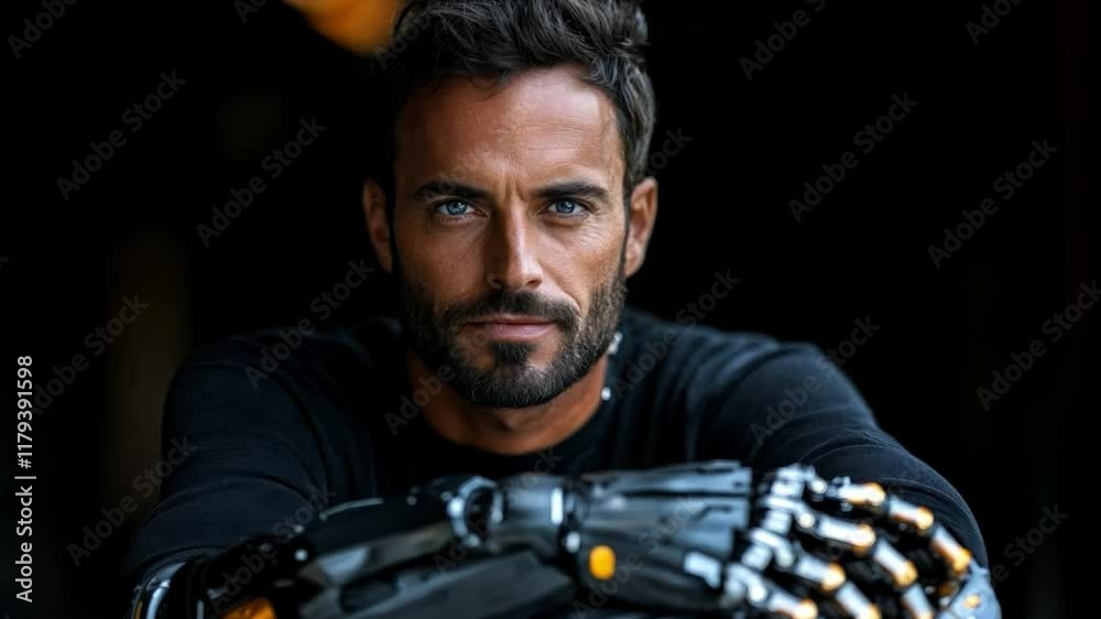 A man with striking blue eyes sits with a robotic arm, deep in thought in a workshop filled with tools and machinery during the evening.