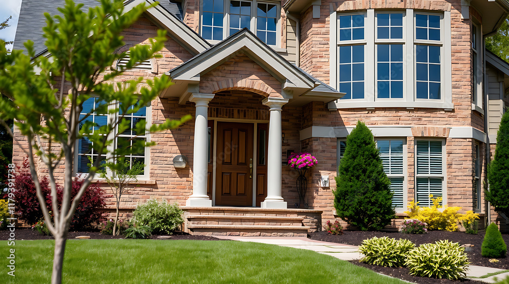 Fototapeta premium Brick house with landscaping. The house features a brown door, large windows, and a portico with white columns. The yard has green grass, shrubs, and small trees.
