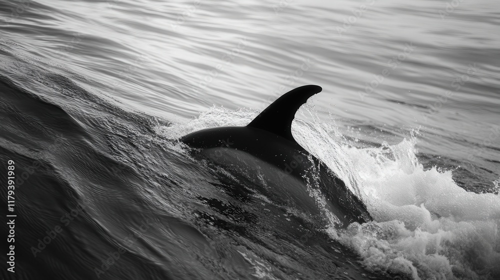 Fototapeta premium dorsal fin slices through the waves, a silent testament to its power and agility.