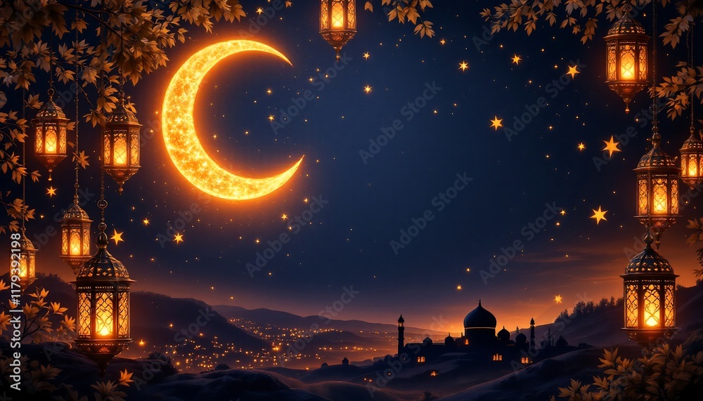 Ramadan Kareem: Illuminated Crescent Moon, Lanterns, and Mosque at Night (Generative AI) Ramadan Kareem: Illuminated Crescent Moon, Lanterns, and Mosque at Night (Generative AI)