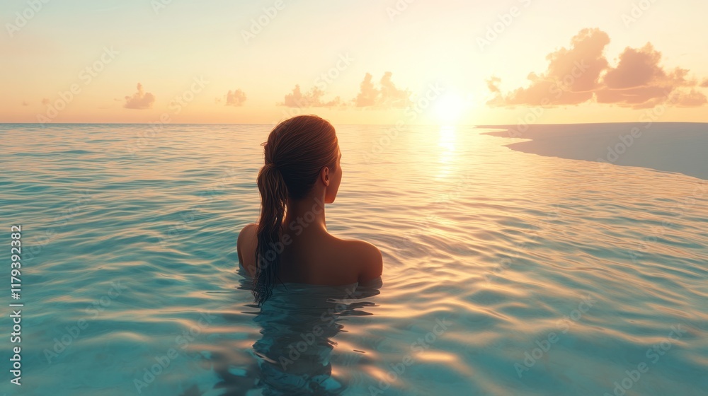 Sunset swim in calm waters on a serene beach with beautiful horizon and gentle waves. Generative AI Sunset swim in calm waters on a serene beach with beautiful horizon and gentle waves. Generative AI