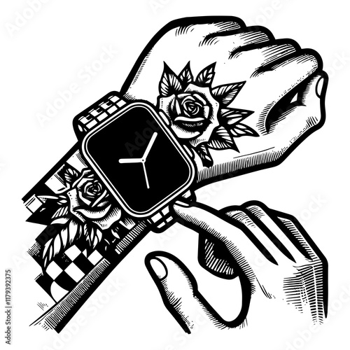 tattooed wrist wearing a smartwatch, with a finger interacting with the screen. Modern tech meets art sketch engraving generative ai PNG illustration. Scratch board imitation. Black and white image