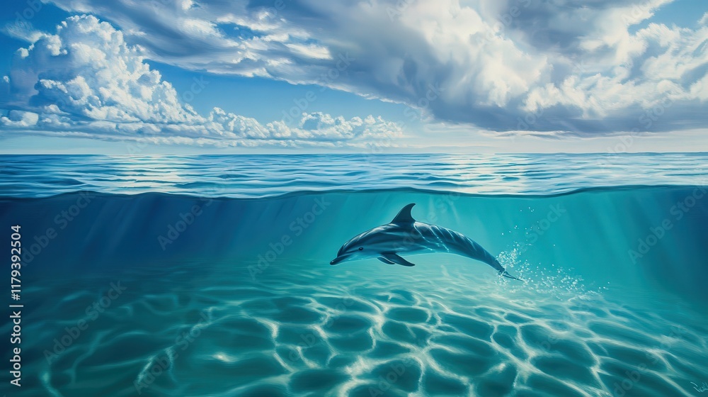 Fototapeta premium dolphin's reflection glimmers on the calm ocean surface as it swims just beneath the waves.