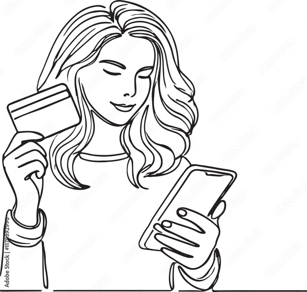 Online Payment Concept. Girl Holding Smartphone and Credit Card in Line Drawing Online Payment Concept. Girl Holding Smartphone and Credit Card in Line Drawing