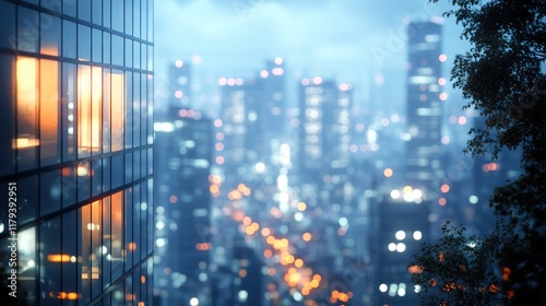 City skyline illuminated at night with reflections on glass buildings and soft light in background. Generative AI